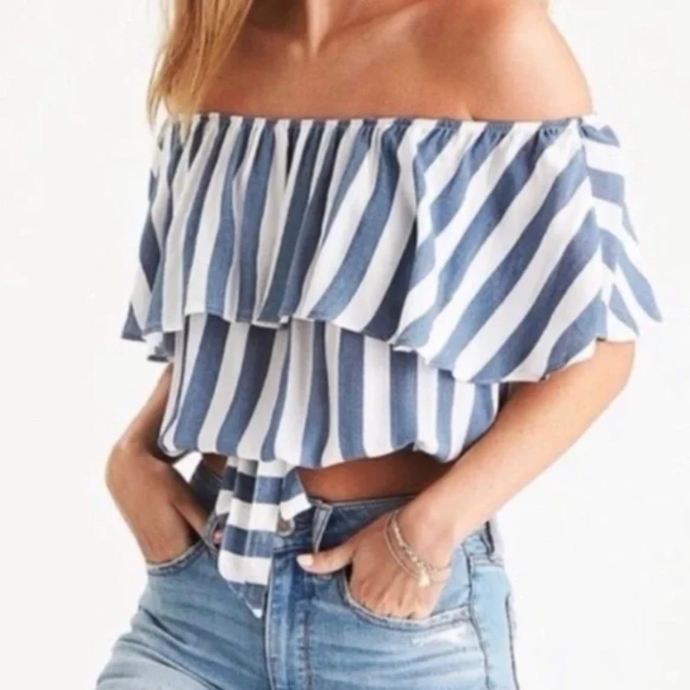 American Eagle Outfitters Blue & White Stripe Ruffle Off The Shoulder Crop Top M